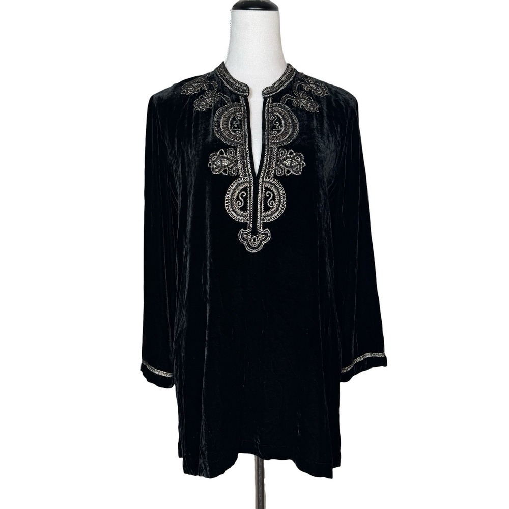 Chicos Size 1 Black Velvet Tunic Top Beaded V Neck Slits Silk Blend Whimsigoth
